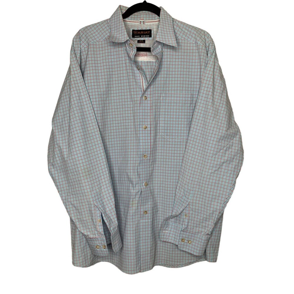 Ariat Pro Series Mens Classic Fit Shirt Sz XL Plaid Blue Red Button Up Long